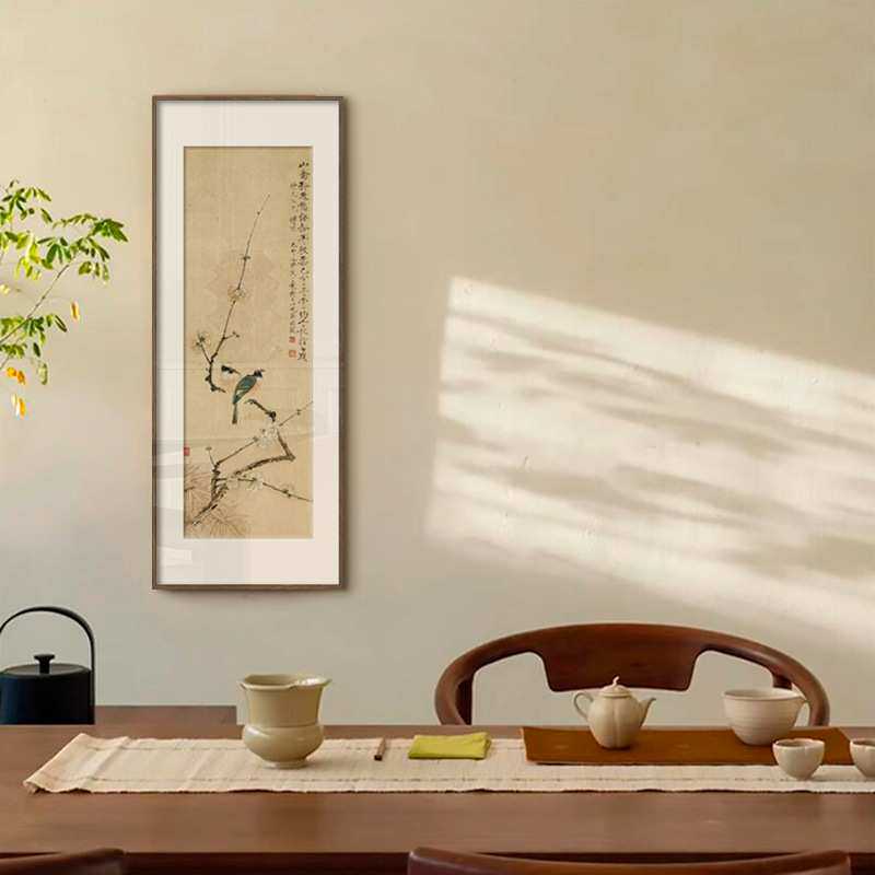 新中式竖版玄关装饰画水墨山水意境壁画花鸟喜上眉梢原木风茶室画