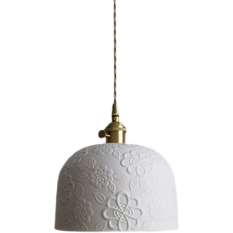 日式复古黄铜白色绣花陶瓷吊灯简约创意餐厅吧台卧室床头玄关灯具