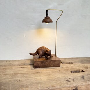 木雕小猫咪木质小夜灯家居店内装饰品桌面创意礼品奶油原木风摆件