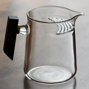 月牙公道杯 耐热玻璃黑胡桃木把手泡茶杯 茶漏一体过滤分茶器