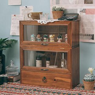 覆古装饰桌面收纳盒 带抽屉式化妆品柜 木质高低组合储物盒置物架