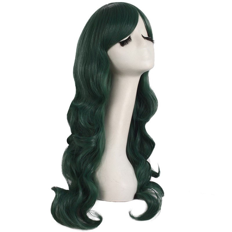 潼漫 假发女长发动漫cos大波浪长卷发墨绿色齐斜刘海高温丝全头套