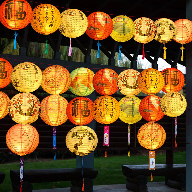 中秋节猜灯谜中国风灯笼古风彩色红灯笼中式福字灯笼春节场景布置