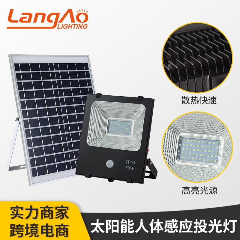 solar Light LED太阳能人体感应投光灯PIR50W100W庭院灯人体感应