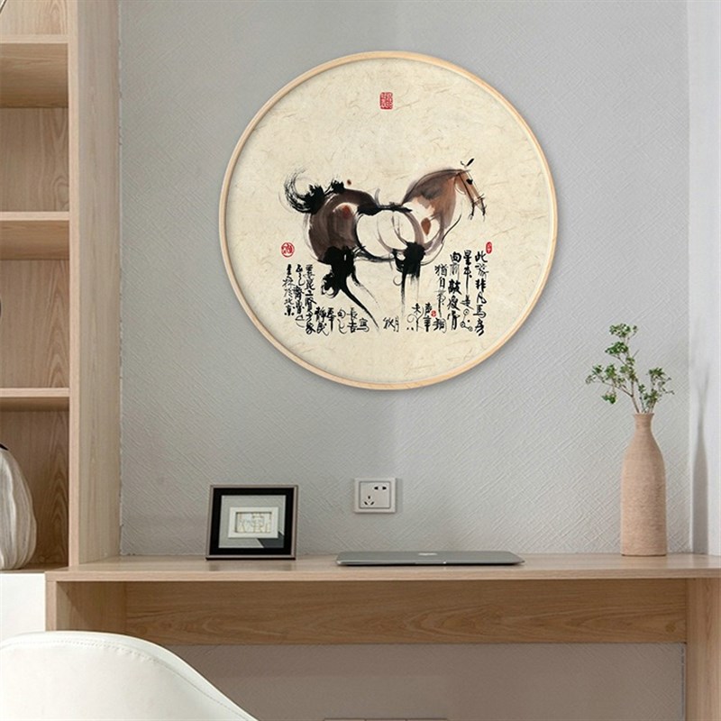 现代新中式卡通可爱水墨动物装饰画客厅餐厅玄关墙壁画圆形框挂画图片