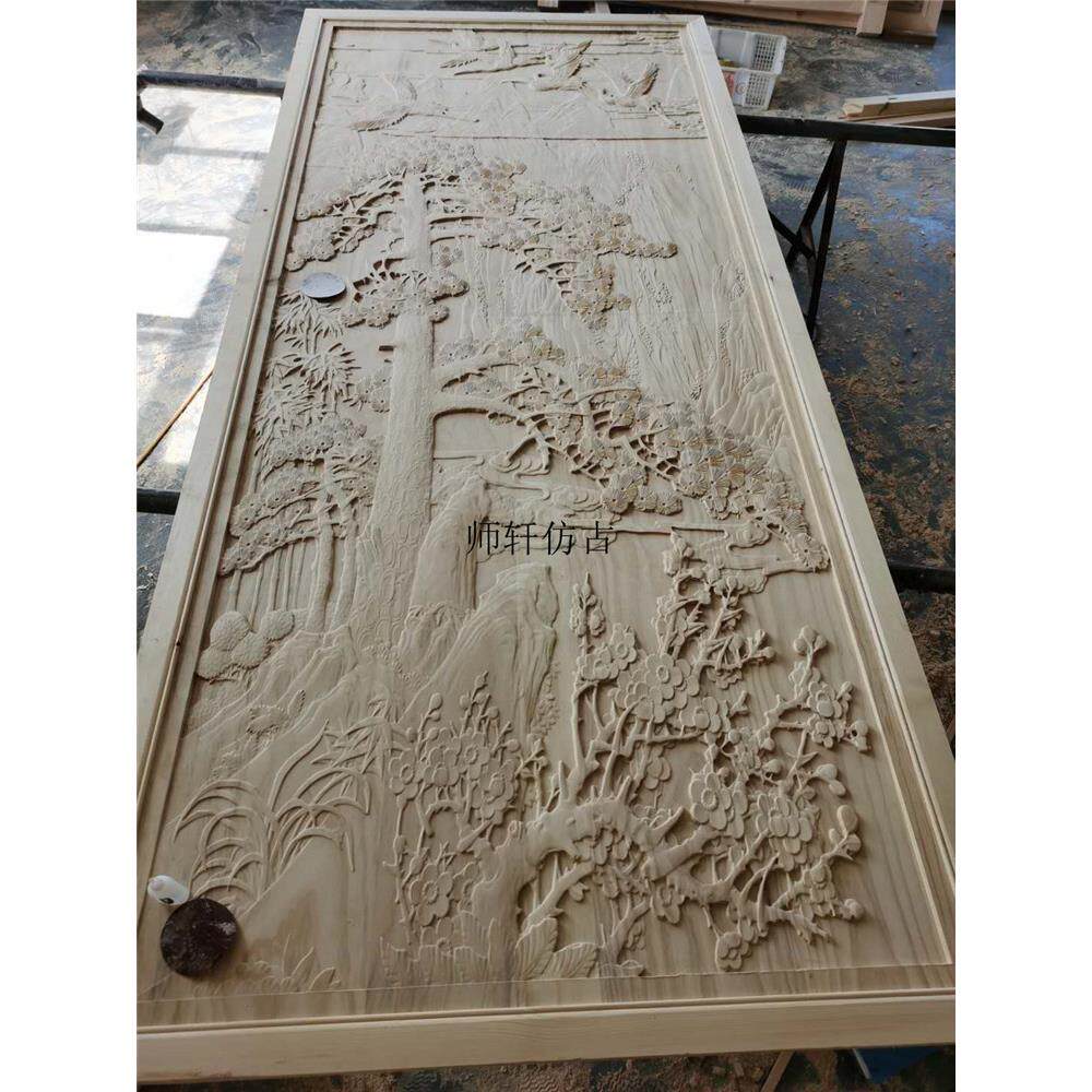 东阳浮木雕迎客松木实山GDS水雕花板手工雕花板玄关隔断通背景墙