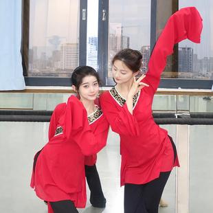 古典韵汉唐舞蹈功演出服女身水袖 舞蹈服 练服国红色飘逸风汉唐古装