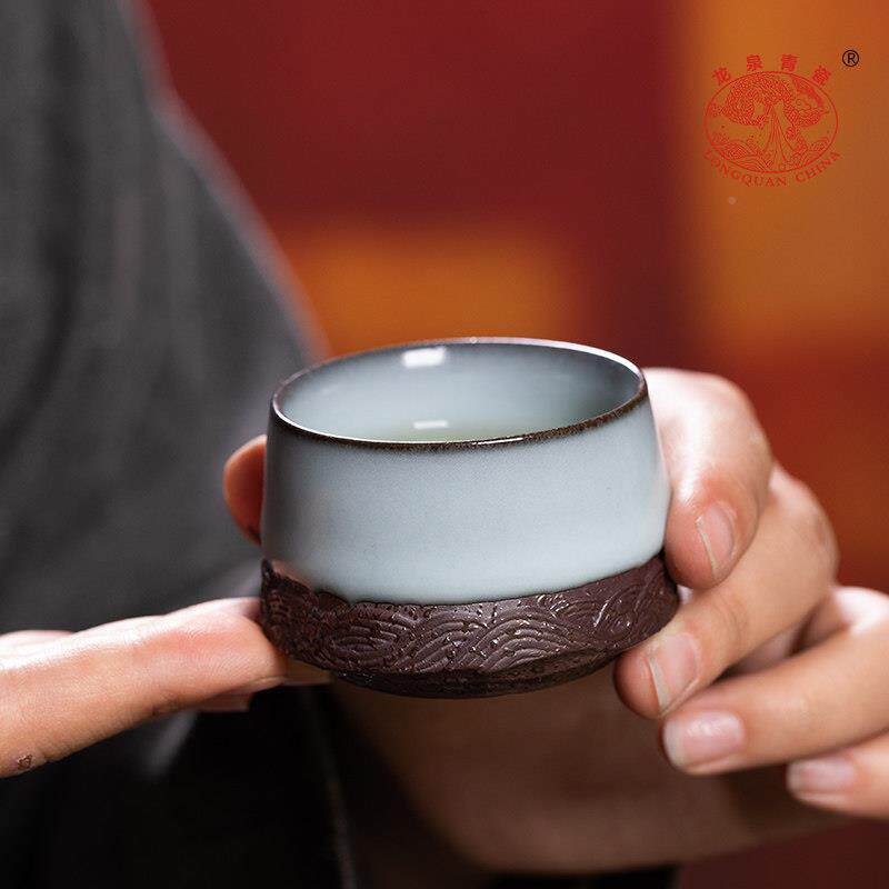 龙泉瓷功夫茶具主杯单海浪观山口杯手工青茶盏单个人品茗杯喝茶一