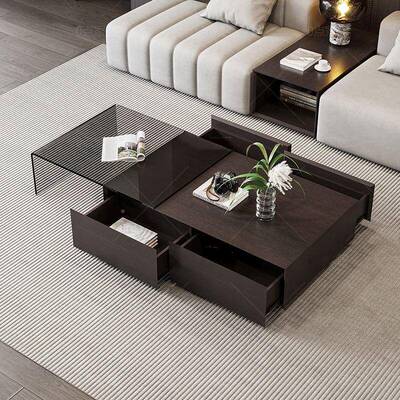 意式极简烟熏色可伸缩茶几设计师款璃厅轻奢长方玻形85440客容量