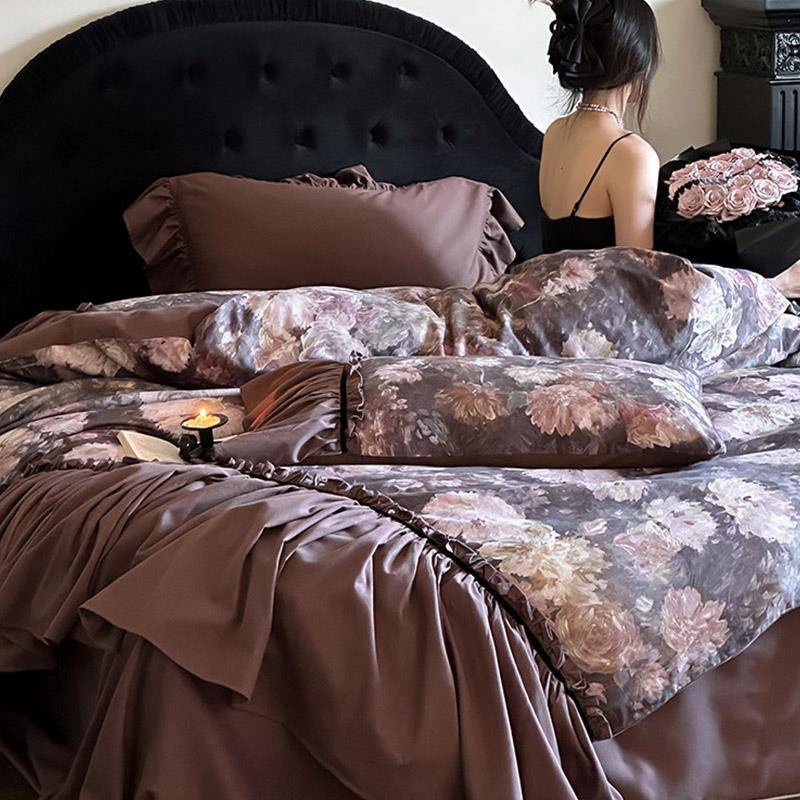 秋冬法式复古花风全咖棉磨毛四件CIM套加厚卉数印花被码套床品紫