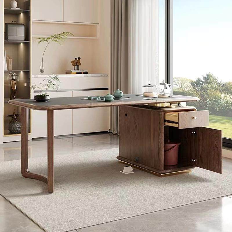 新用中式实木茶桌家客岩板茶台现代简约办公厅室室泡茶桌椅组茶合