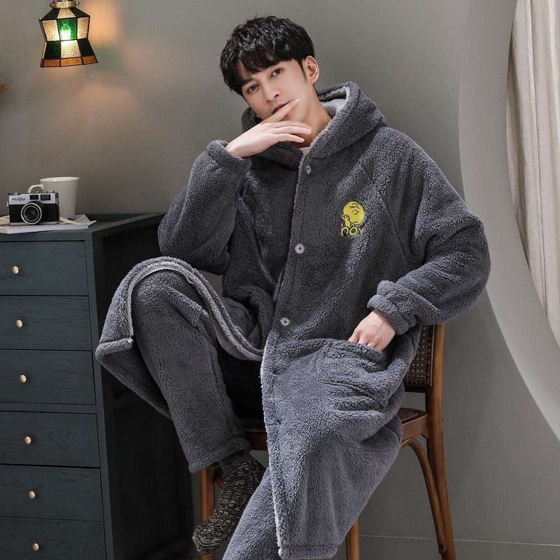 睡袍男秋冬加厚长款珊瑚绒睡衣男士卡通可爱法兰绒浴袍加裤子套装