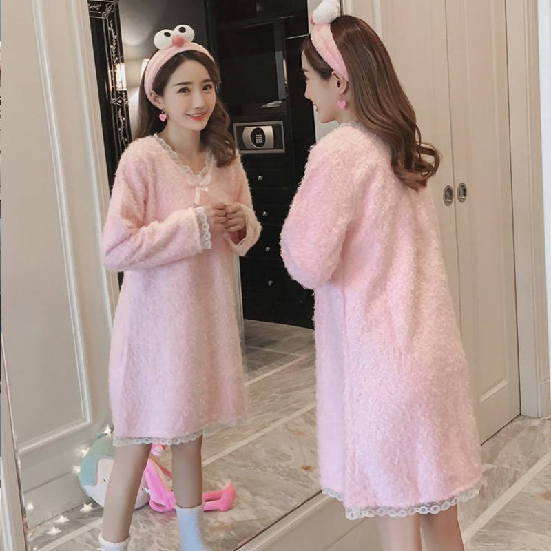 珊瑚绒睡衣女冬天甜美可爱毛绒绒蝴蝶结加绒加厚保暖樱桃绒家居服