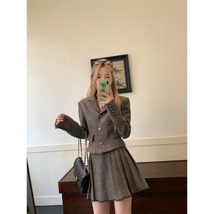 wangking复古学院风短款西装外套百褶裙长款气质半身裙秋季套装女