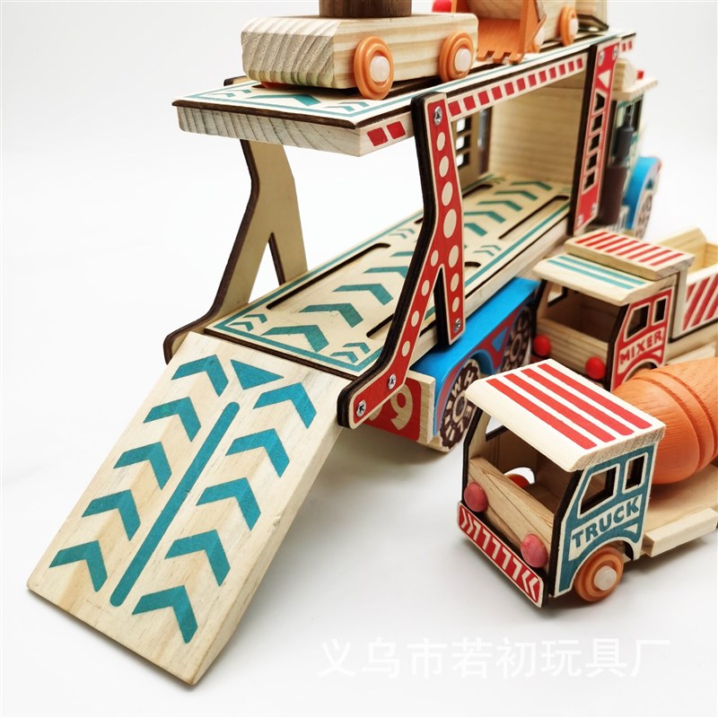 木质运输汽车仿真双层卡车模型玩具儿童工程V车装载轿运车