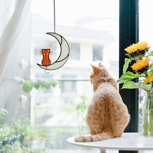 亚马逊新款月亮猫捕手亚克力虎斑猫窗户挂饰居家场地布置装饰挂件
