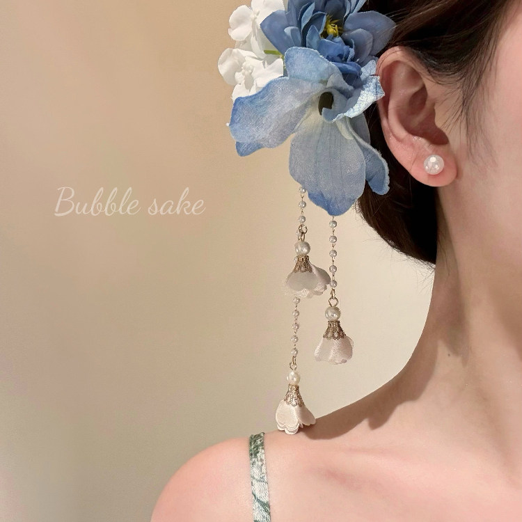 蓝调芳华古风蓝色花朵流苏发夹