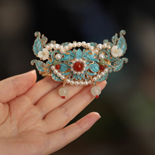 新中式古风祥云珍珠流苏发夹侧边汉服发饰对夹古典国风烧蓝夹子女