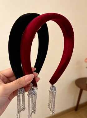 新中式黑色丝绒流苏高级感发箍