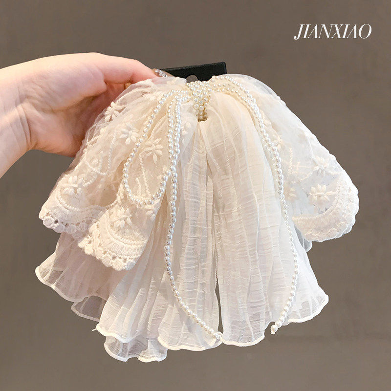 浪漫米色蝴蝶结马尾抓夹蕾丝氛围感温柔发夹后脑勺盘发鲨鱼夹头饰