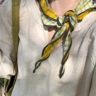 一款双色！早春草绿黄格纹丝巾女双面三角巾森系棉质领巾脖子配饰