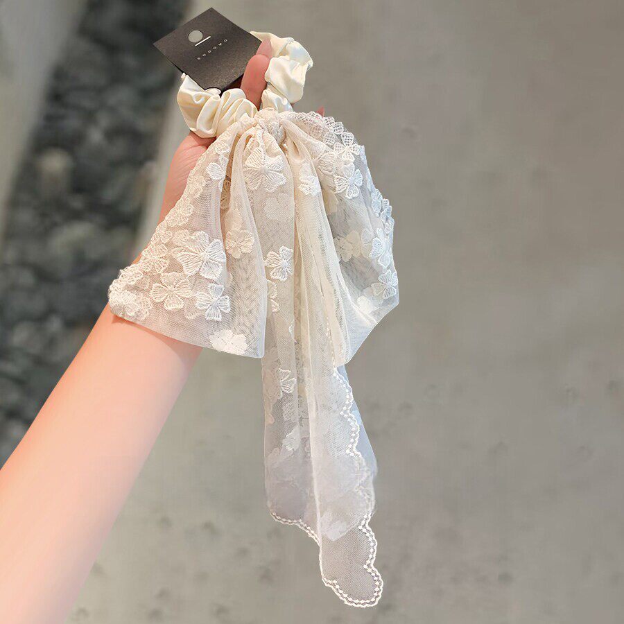 法式蕾丝刺绣花边飘带肥肠圈氛围感蝴蝶结扎低马尾发绳高级感发圈