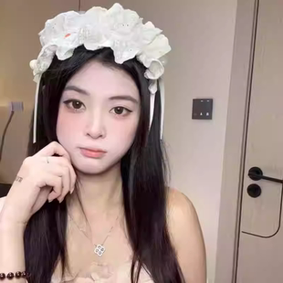 可爱米色蝴蝶结蕾丝发箍女高级感头箍洛丽塔新款发饰lolita拍照