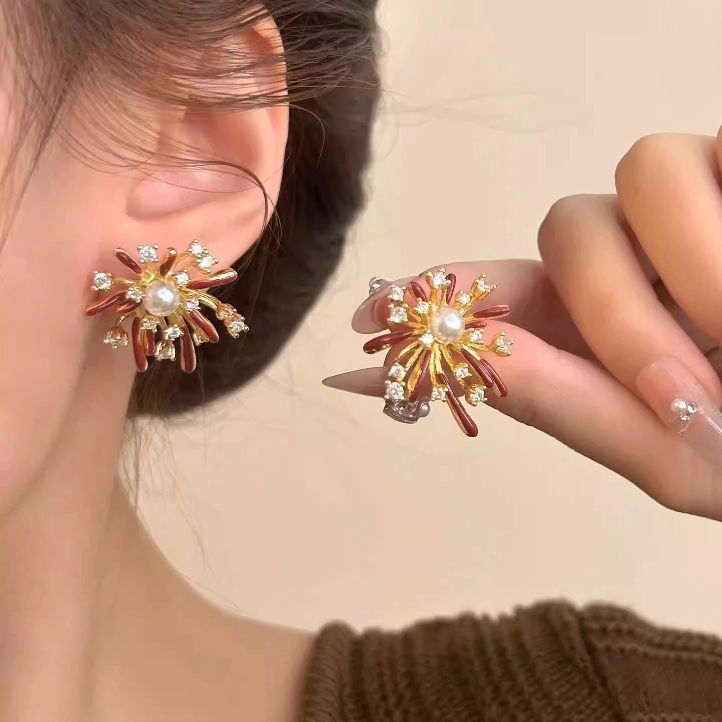 小众轻奢红色烟花耳钉珍珠高级感精致女耳饰新年新款爆款独特耳环,饰品/流行首饰/时尚饰品新,耳钉,淘宝优惠券,粉丝福利购,淘宝优惠卷