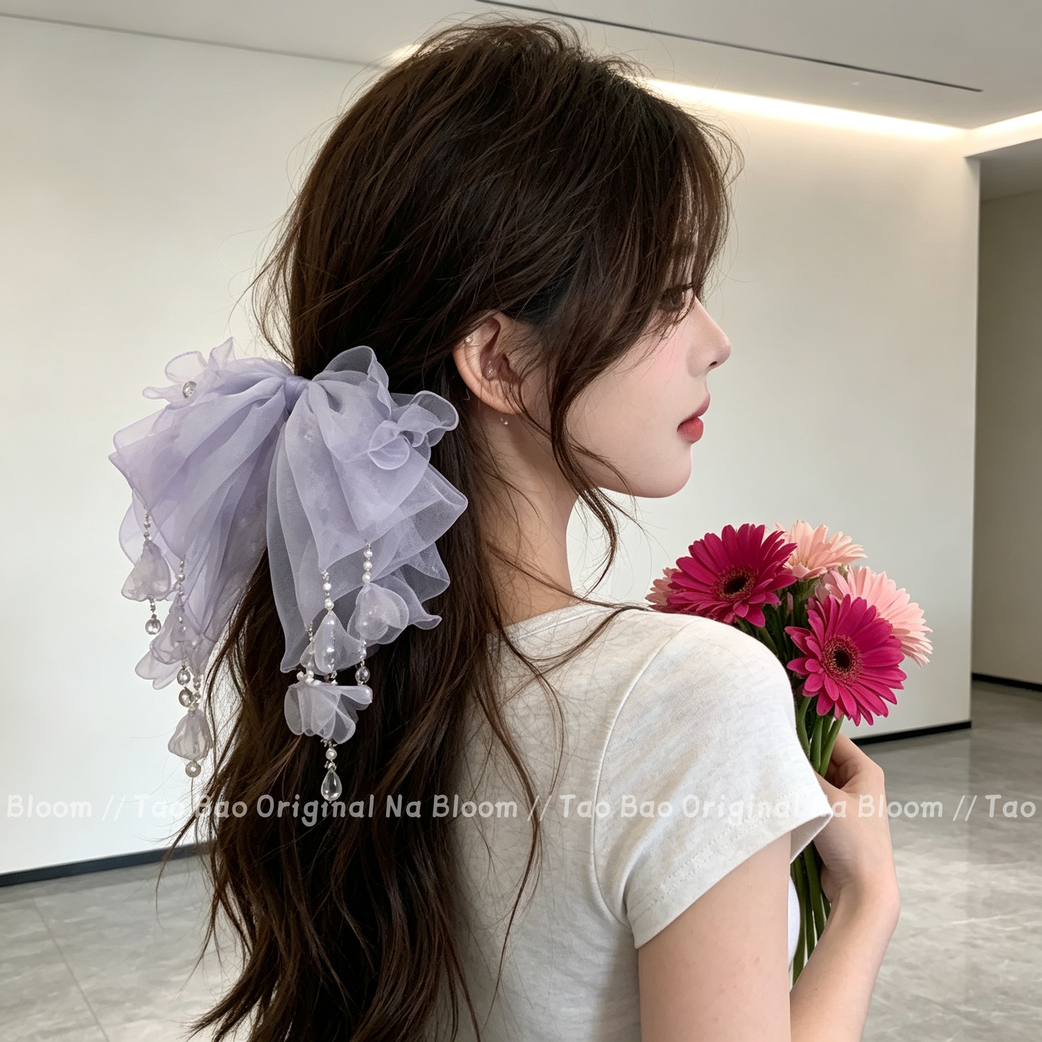 名狐汉服紫色花瓣蝴蝶结抓夹图片