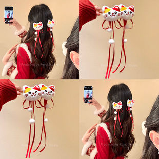 新年发饰可爱招财猫发夹甜美头饰马年喜庆拜年毛球本命年红色发夹