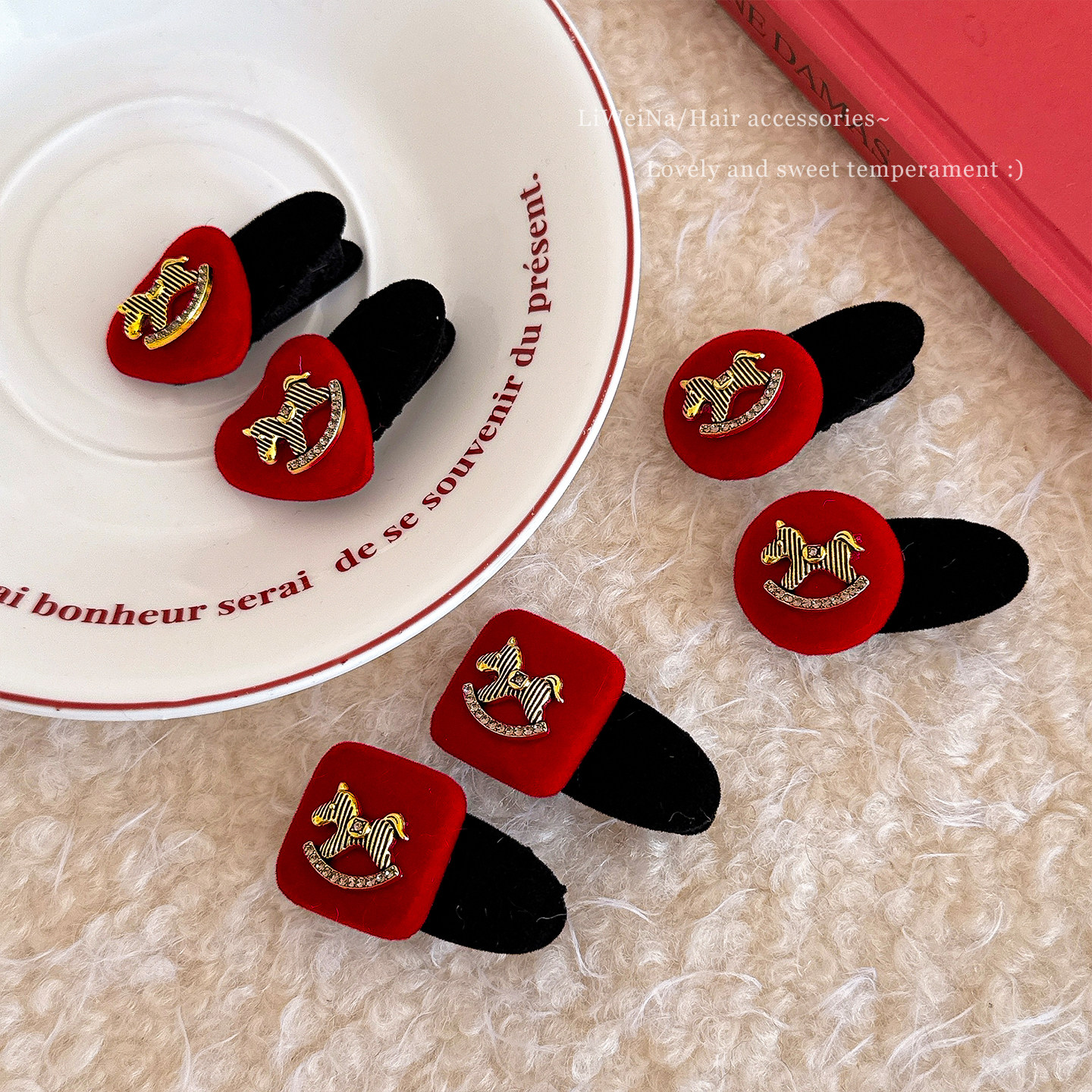 复古气质红色植绒小马发夹女前额侧边刘海夹子高级感新年发卡头饰,饰品/流行首饰/时尚饰品新,发饰,淘宝优惠券,粉丝福利购,淘宝优惠卷