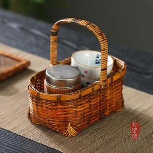 大漆紫竹纯手工编具织提篮式中YY067竹编果篮手提点心篮子茶收竹