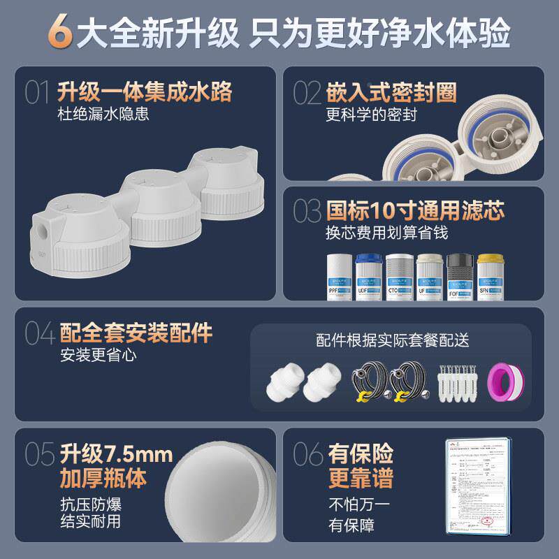 自水前置过厨器房下家来用通用滤芯滤净10寸三级水器软水阻垢净水