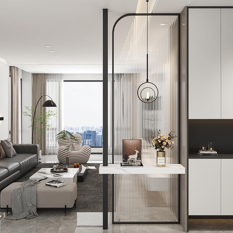 现代水波玻璃屏风轻奢不纹挡锈钢化妆室遮简约客厅入饭户玄关PF-9