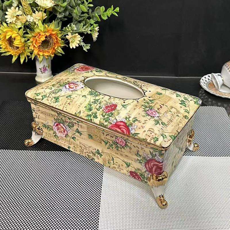 欧式档陶纸巾满花客厅茶瓷几桌上卫生纸盒高盒收纳盒家VYT用饭厅
