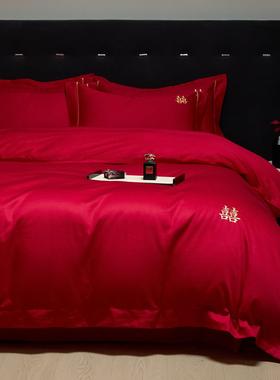 新中式红色四110\/8件套结婚上用品新婚庆床喜被床单陪房嫁被套床