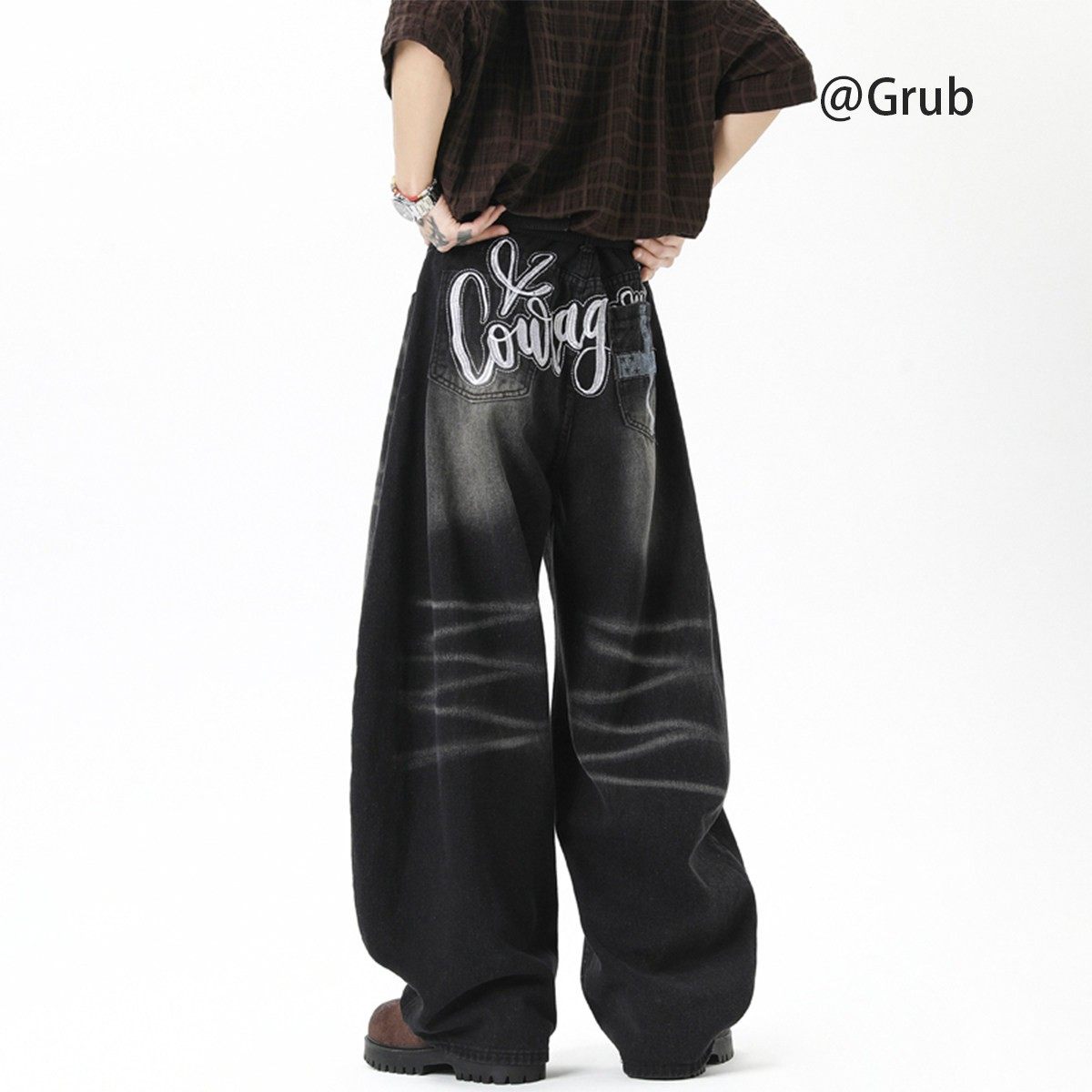 美式刺绣弯刀牛仔裤男女秋潮牌水洗做旧阔腿长裤宽松cleanfit裤子,男装,牛仔裤,淘宝优惠券,粉丝福利购,淘宝优惠卷