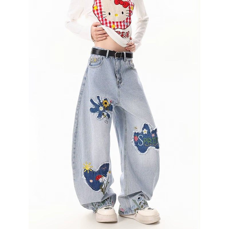 vintage美式复古花卉贴布绣水洗弯刀牛仔裤男女秋季宽松阔腿长裤,男装,牛仔裤,淘宝优惠券,粉丝福利购,淘宝优惠卷