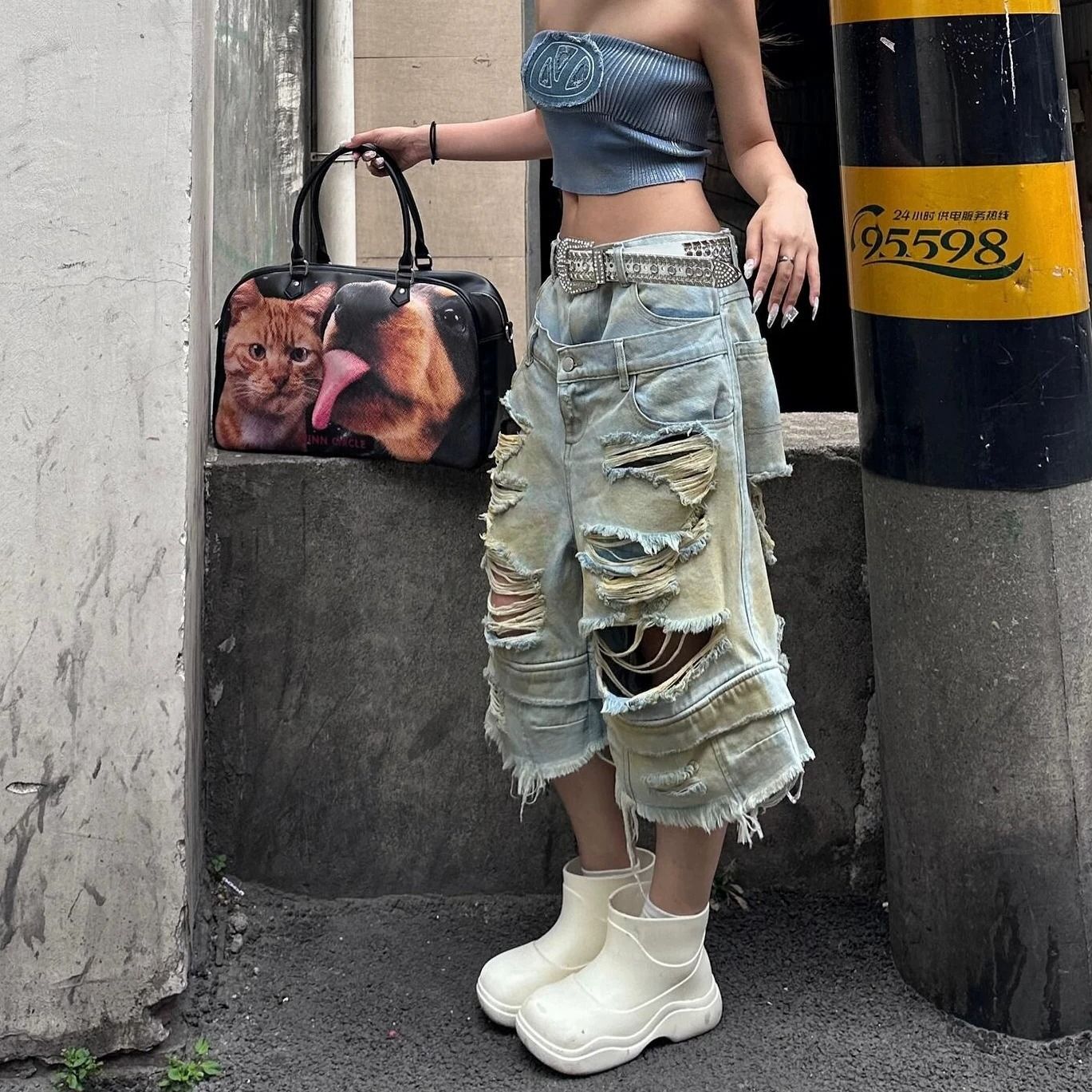 双腰头破洞牛仔七分裤男女短裤子