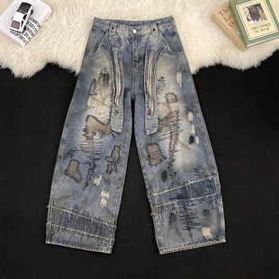 美式高街乱针刺绣牛仔裤男脏染做旧破坏废土风嘻哈水洗阔腿弯刀裤