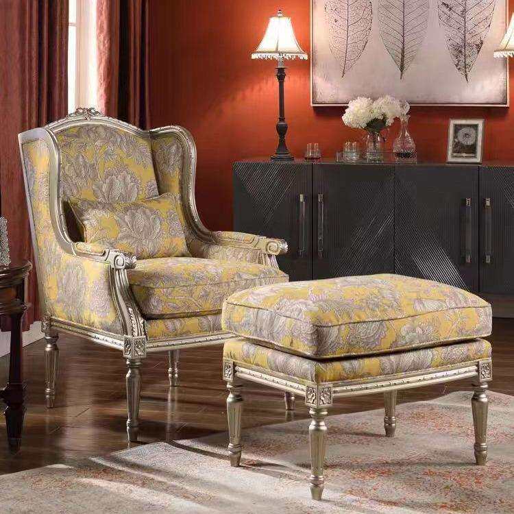 美式实木布艺沙发椅现代简约小户型客厅雕花单人老虎椅休闲扶手椅