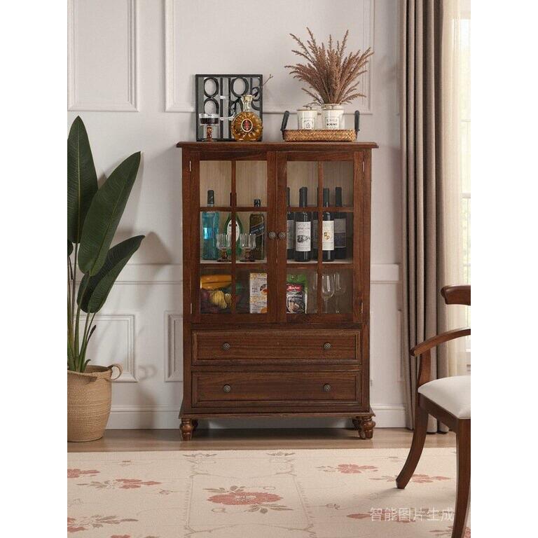 美式酒柜实木餐边柜简约客厅靠墙角边柜双门储物柜复古收纳斗柜子
