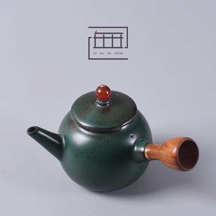 日式木柄侧把壶 粗陶窑变绿釉茶具泡茶壶 创意手工陶瓷单壶急须壶