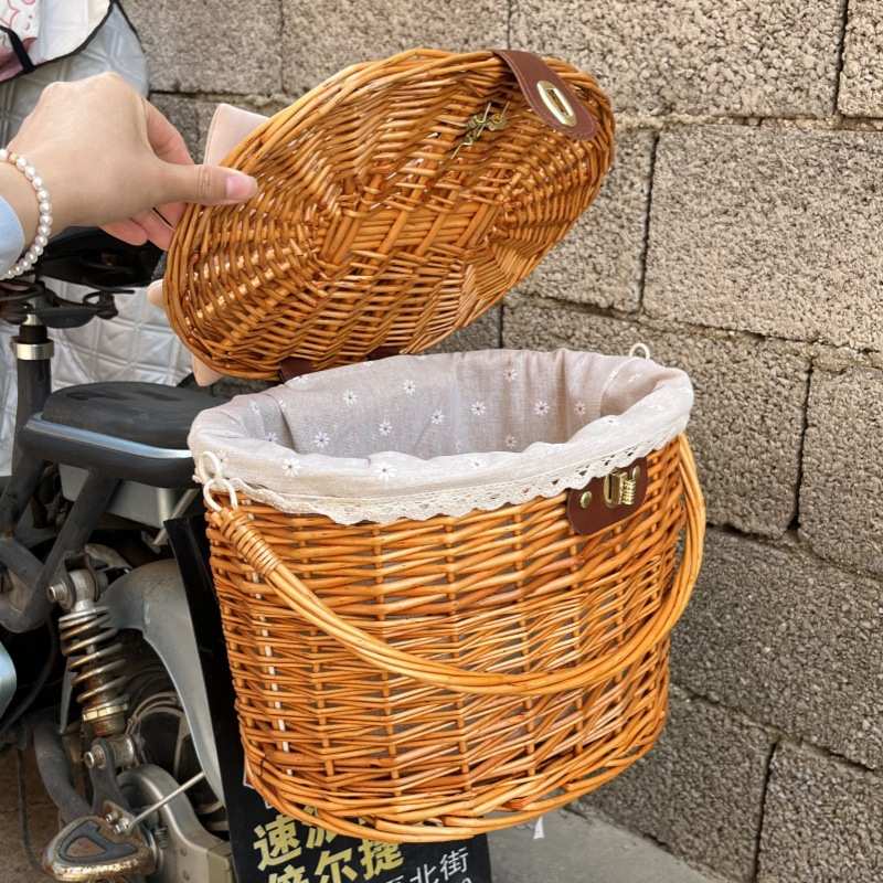 折叠自行车车筐复古编织车筐两用篮子前车筐滑板车前车篓手提菜篮