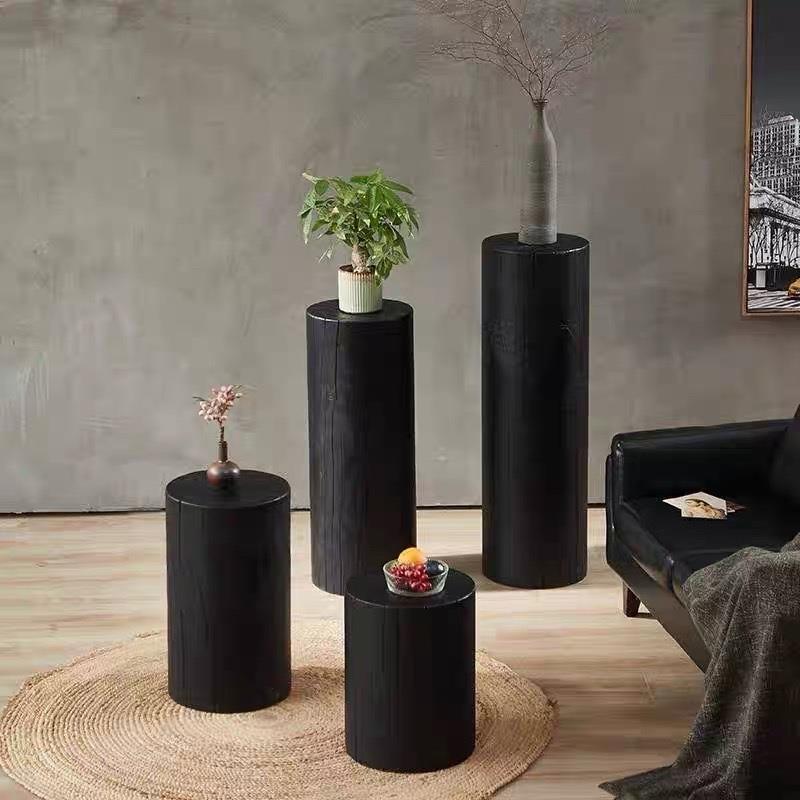 诧寂风碳化木墩现代简约家用黑色圆形柱子实木沙发边几木桩小茶几