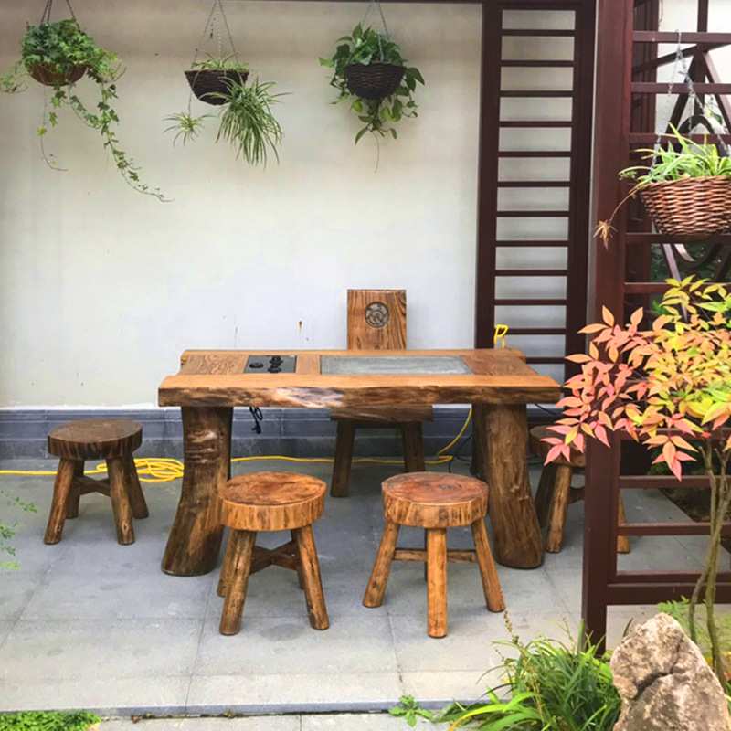 老榆木茶桌椅组合茶室茶台套装家用全实木茶几办公室茶艺桌仿古桌