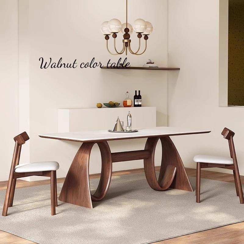 中古风白蜡木实木岩板餐桌胡桃色法式奶油风简约家用小户型饭桌子