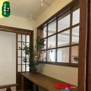 木窗花格框架推拉玻璃日式实木室内隔断窗户定 制厨房木质折叠窗