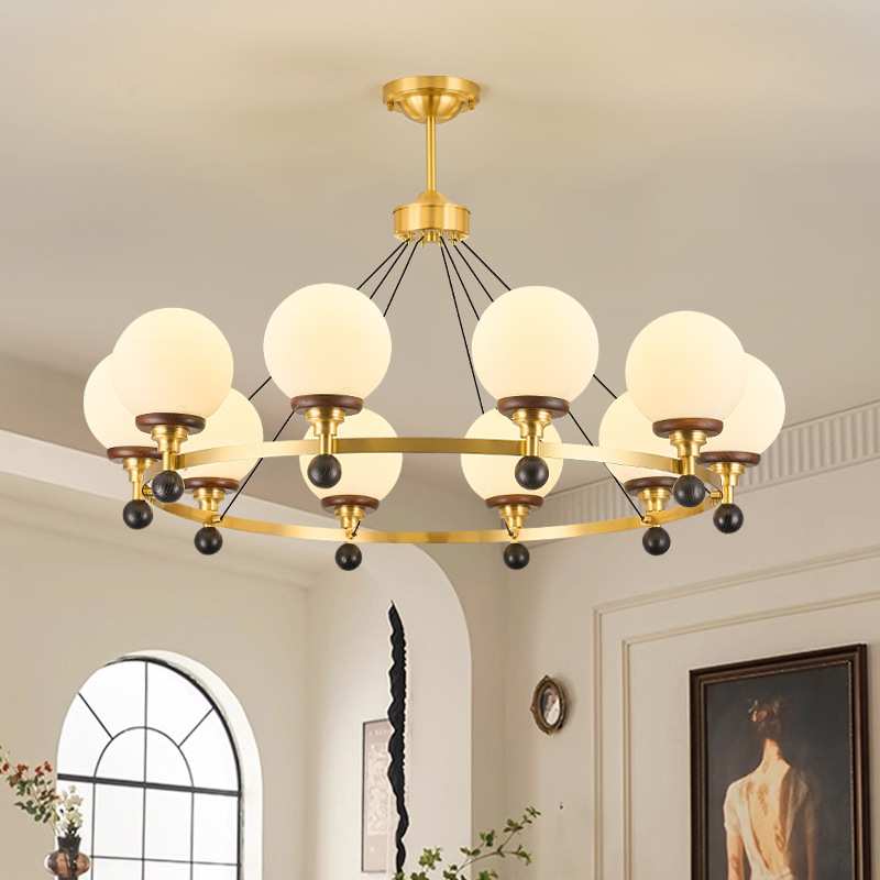 全铜法式复古客厅吊灯2024新款魔豆餐厅灯中古风白蜡木主卧室灯具