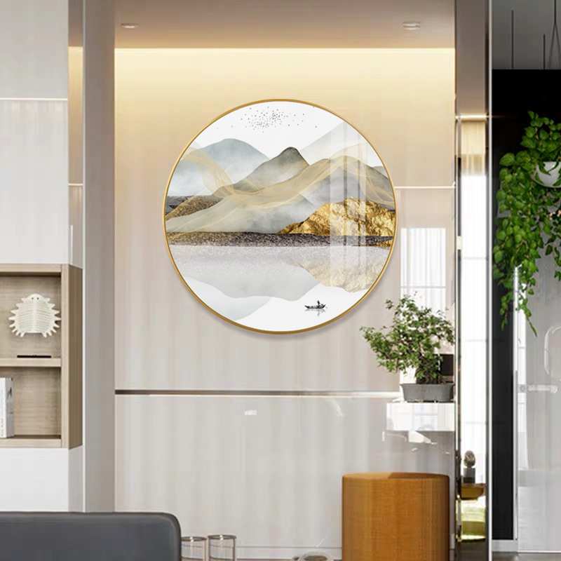 新中式入户玄关装饰画山水风景壁画轻奢圆形客厅餐厅样板房挂画